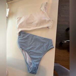 White and Blue One-Shoulder Bikini Set